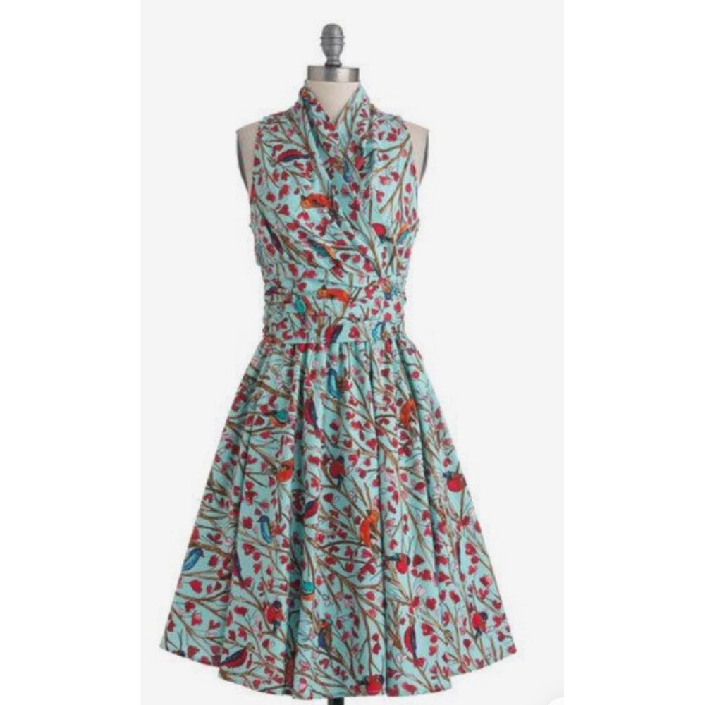 Retrolicious Womens Bird Print Fit and Flare Dress Blue Sleeveless Size S